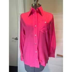 Vintage Women's Sears BIG COLLAR Hot Pink Retro Pocket Poly Long Sleeve Shirt S